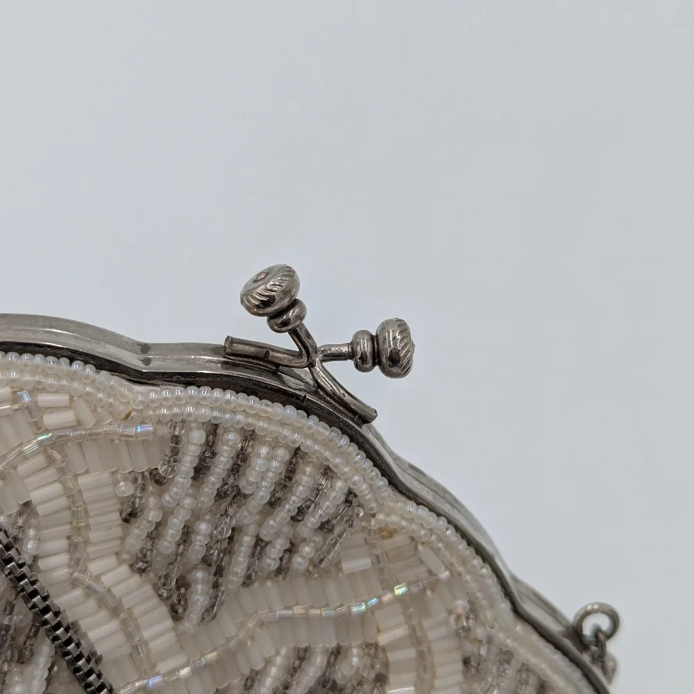 Vintage Handmade Beaded Evening Bag Clutch Purse Coquette Glam Cream White Retro